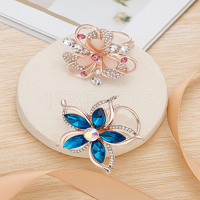 2Pcs 2 Styles Flower Alloy Rhinestone Scarf Clips AJEW-LP0002-09-1