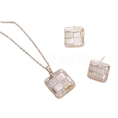 Square 304 Stainless Steel Crystal Rhinestone Pendant Necklaces & Stud Earrings Sets FS-WGB49B1-01-1