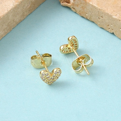 Heart Brass Micro Pave Clear Cubic Zirconia Stud Earrings EJEW-Z144-11G-1