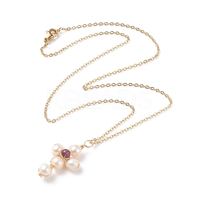 Natural Gemstone & Pearl Braided Cross Pendant Necklace NJEW-JN03920-1