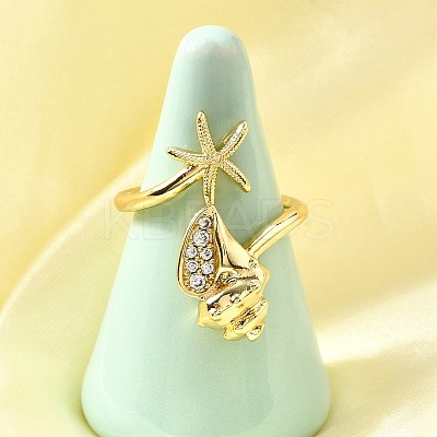 Ocean Theme Brass Micro Pave Cubic Zirconia Cuff Rings for Women RJEW-F184-17E-G-1