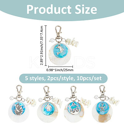 10Pcs 5 Styles Natural Freshwater Shell Pendant Decorations HJEW-FH00145-1