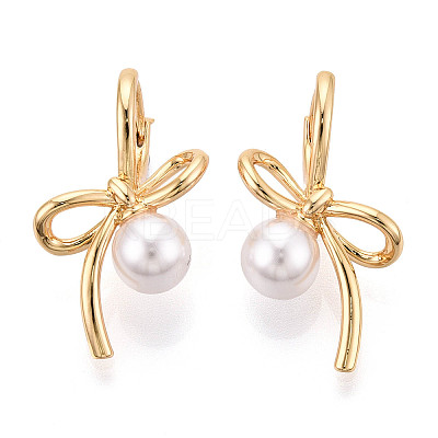 Brass ABS Imitation Pearl Bowknot Hoop Earrings KK-T077-27G-1