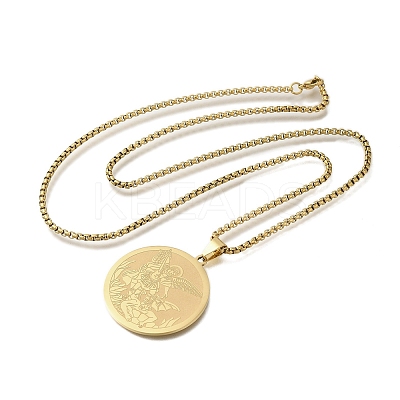 201 Stainless Steel Box Chain Archangel Saint Michael Flat Round Pendant Necklaces NJEW-S003-02G-1