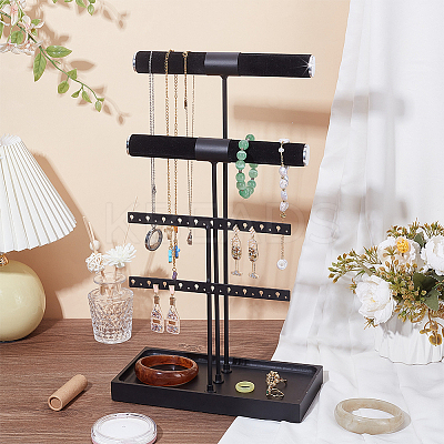 4-Tier Wood & Velvet Jewelry Towers Stands Jewelry Organizer Holder with Tray for Watch ODIS-WH0106-20EB-1