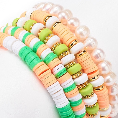 Saint Patrick's Day Freshwater Pearl & Handmade Polymer Clay Heishi Stretch Bracelets Sets BJEW-JB08768-1