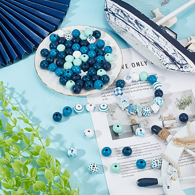 318Pcs Ocean Theme Spray Painted Wood Beads Sets WOOD-GO0001-21-1