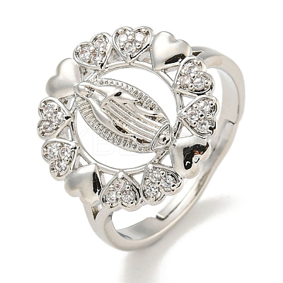 Flat Round with Saint & Heart Rack Plating Brass Micro Pave Cubic Zirconia Adjustable Rings RJEW-I105-04P-10-1