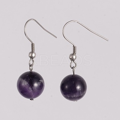 Round 304 Stainless Steel Natural Amethyst Dangle Earrings EJEW-JE01973-07-1
