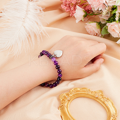 Natural Striped Agate Round Beaded Stretch Bracelet with Alloy Heart Charm BJEW-OC0001-09C-1