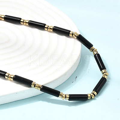 Natural Black Onyx(Dyed & Heated) & Synthetic Non-magnetic Hematite Column Beaded Necklaces with 304 Stainless Steel End Chains NJEW-K301-01A-1
