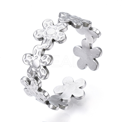 Non-Tarnish 304 Stainless Steel Flower Open Cuff Ring for Women RJEW-N040-33-1