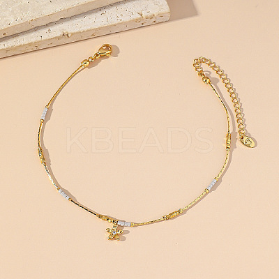 Brass Pave Clear Cubic Zirconia Flower Charm 304 Stainless Steel and Glass Chain Anklets for Women FS-WG0557A-06-1