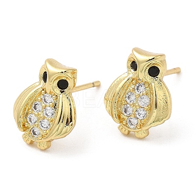 Rack Plating Brass Owl Stud Earrings with Cubic Zirconia EJEW-D061-11G-1