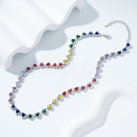 Brass Colorful Rhinestone Rainbow Heart Tennis Necklaces for Women WY6885-2-1