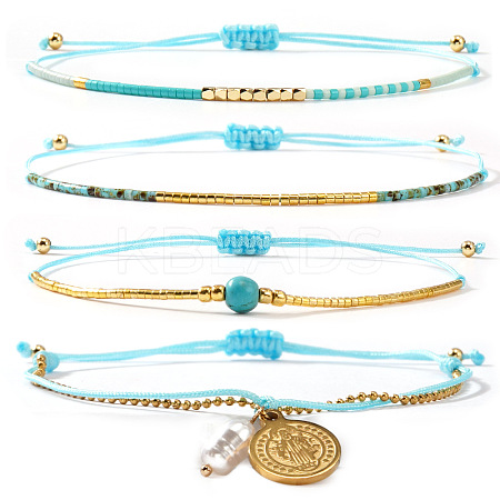 4Pcs 4 Styles Bohemian Glass Seed Bead Braided Beads Bracelets & 304 Stainless Steel Charm Double Layers Bracelets for Women WO6368-2-1