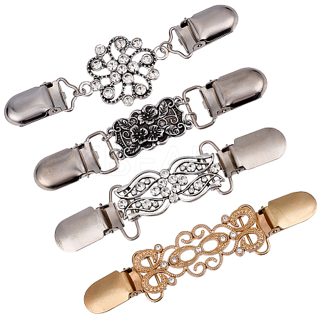4Pcs 4 Styles Rectangle Zinc Alloy & Iron & Rhinestone Cardigan Clips AJEW-GF0010-43-1