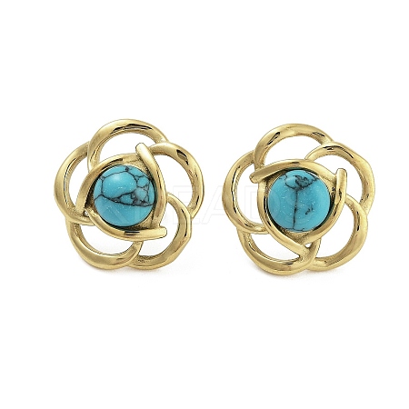 Ion Plating(IP) 304 Stainless Steel & Synthetic Turquoise Beaded Stud Earrings for Women EJEW-N054-36G-1