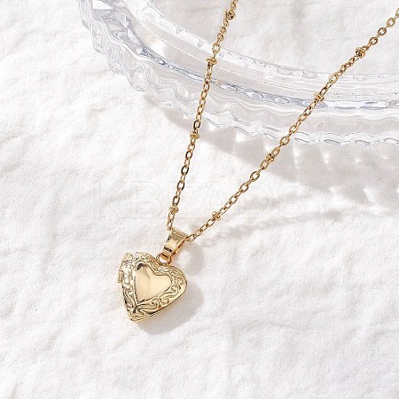 Brass Heart Locket Photo Pendant 304 Stainless Steel Satellite Chain Necklaces for Women NJEW-JN05734-1