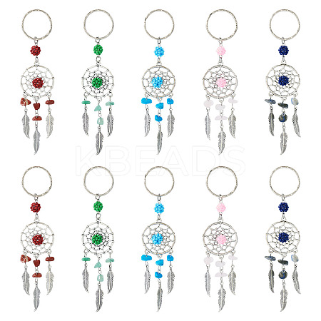 10Pcs 5 Styles Woven Web with Feather Alloy & Natural Mixed Stone & Glass Seed Keychains KEYC-TA0001-53-1