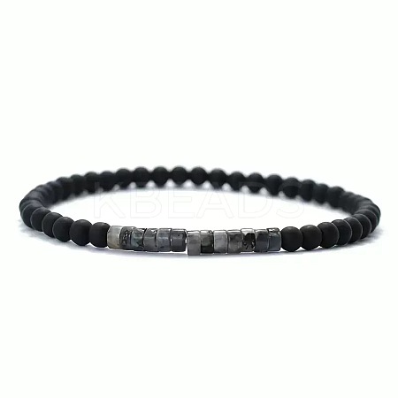 4MM Natural Larvikite Heishi Beads and Round Frosted Black Onyx(Dyed & Heated) Beaded Stretch Bracelets for Women Men MG4641-4-1