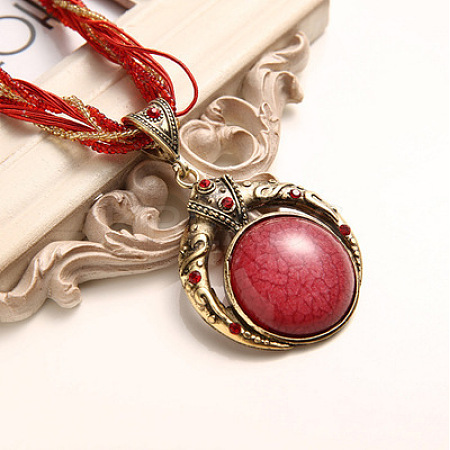 Bohemian Style Flat Round Alloy & Resin Imitation Gems Pendant Necklaces WG23E28-01-1