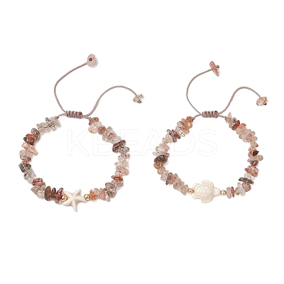 2Pcs Adjustable Natural Black Gold Rutilated Quartz Chip Beads Braided Bead Bracelets BJEW-JB11914-1