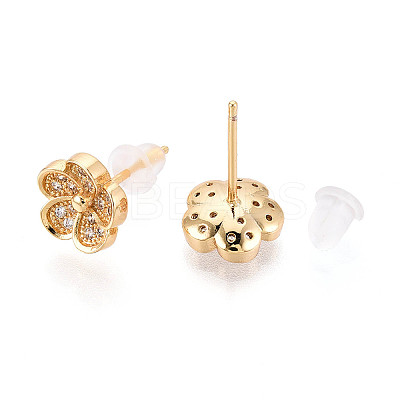 Brass Pave Clear Cubic Zirconia Flower Stud Earrings KK-T077-21G-1