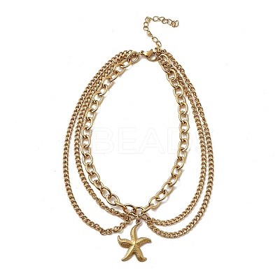 Summer Beach 304 Stainless Steel Starfish Charm 3 Layer Anklets for Women AJEW-F069-01G-1