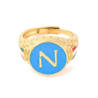 Round with Letter N Brass Enamel Adjustable Rings RJEW-U009-09G-1