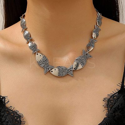 Tibetan Style Alloy Graduated Fish Link Chain Necklaces for Women NJEW-C102-01AS-1
