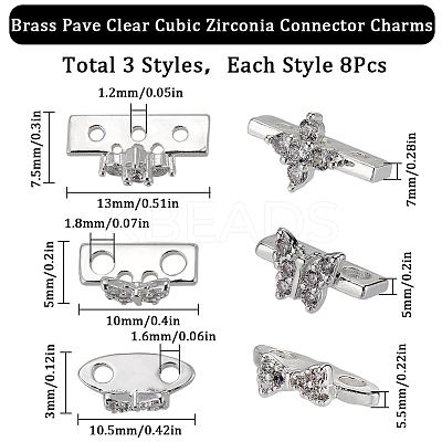 24Pcs 3 Styles Brass Pave Clear Cubic Zirconia Connector Charms KK-SC0004-24S-1