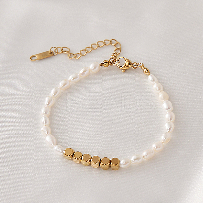 Fashionable Natural Freshwater Pearl & Cube Stainless Steel Beaded Bracelets for Women IP4798-2-1
