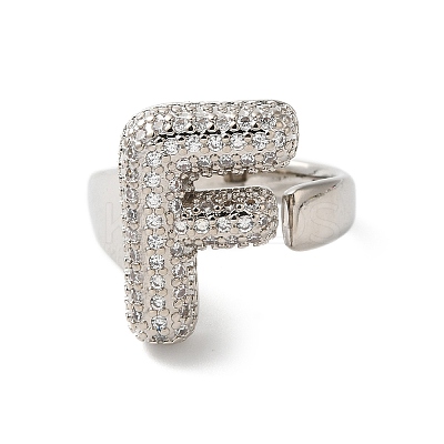 Letter Brass Micro Pave Clear Cubic Zirconia Open Cuff Ring for Women RJEW-N046-03F-P-1