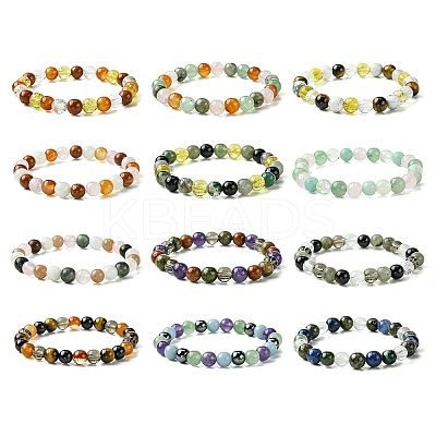 12Pcs 12 Styles Constellation Mixed Gemstone Round Beaded Stretch Bracelet Sets BJEW-JB10910-1