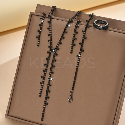 Alloy Rhinestone Tassel Pendant Necklace & Stud Earring & Ring FS-WG7E587-01-1