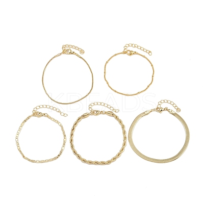 5 Pcs 5 Styles Brass Chain Bracelets Set for Women BJEW-D357-01G-1