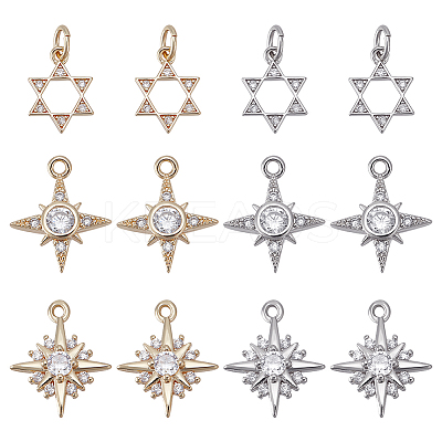 12Pcs 6 Style Brass Micro Pave Clear Cubic Zirconia Charms ZIRC-DC0001-02-1