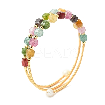 Cube Natural Tourmaline & Freshwater Pearl Beaded Copper French Wire Wrap Cuff Bangles BJEW-JB13984-01-1