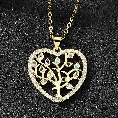 Brass Micro Pave Colorful Cubic Zirconia Tree of Life Heart Pendant Necklaces for Women NJEW-D311-01B-G-1
