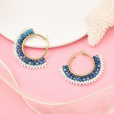 304 Stainless Steel & Bohemian Beaded Fan Hoop Earrings for Women EJEW-R001-01G-01-1