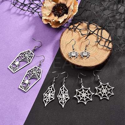Non-Tarnish 4 Pair 4 Style Spider & Coffin & Web 201 Stainless Steel Dangle Earrings EJEW-JE05238-1