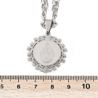 Flat Round with Virgin Pattern 201 Stainless Steel Pendant Necklaces for Men Women NJEW-K283-20P-1