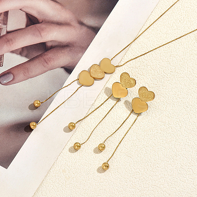 Elegant Stainless Steel Heart Pendant Lariat Necklace & Earrings Bracelet Set for Women Party Gift LF0816-1