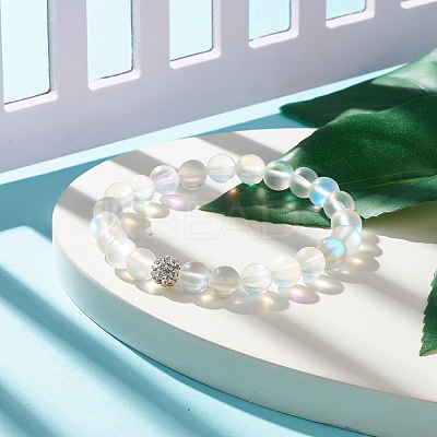 Synthetic Moonstone Round Beaded Stretch Bracelet with Rhinestone BJEW-JB07888-01-1