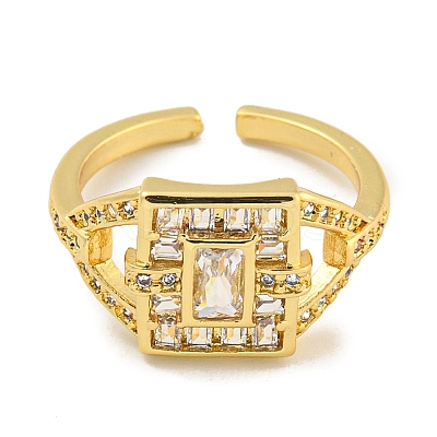 Rack Plating Brass Micro Pave Cubic Zirconia Rectangle Open Cuff Ring for Women RJEW-C082-05G-1