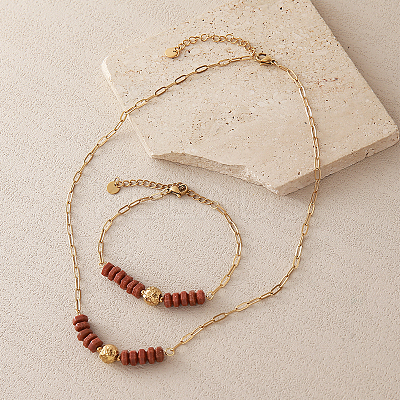 Synthetic Goldstone Hexagon Heishi Beads & 304 Stainless Steel Paperclip Chain Necklace & Bracelets for Women SG1071-3-1