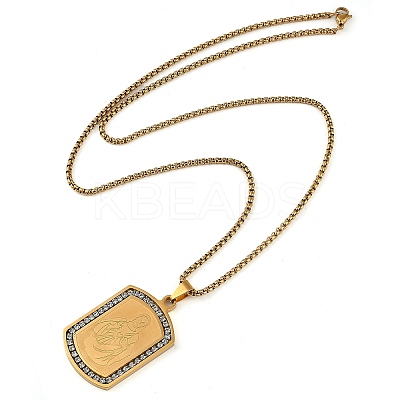 201 Stainless Steel Micro Pave Clear Cubic Zirconia Virgin Mary Rectangle Pendant Necklaces NJEW-D089-07G-1