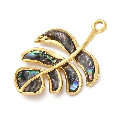 304 Stainless Steel Pave Natural Paua Shell/Abalone Shell Leaf Pendants STAS-S163-23G-1
