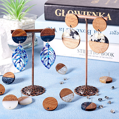 Opaque Resin & Walnut Wood Flat Round Stud Earrings MAK-TA0001-18C-1